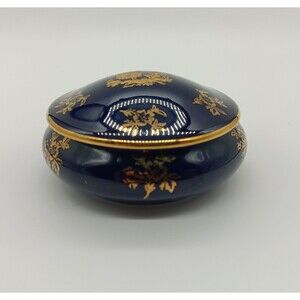 Limoges France Porcelain Trinket Jewelry Box Lidded Blue Gold Floral Round
